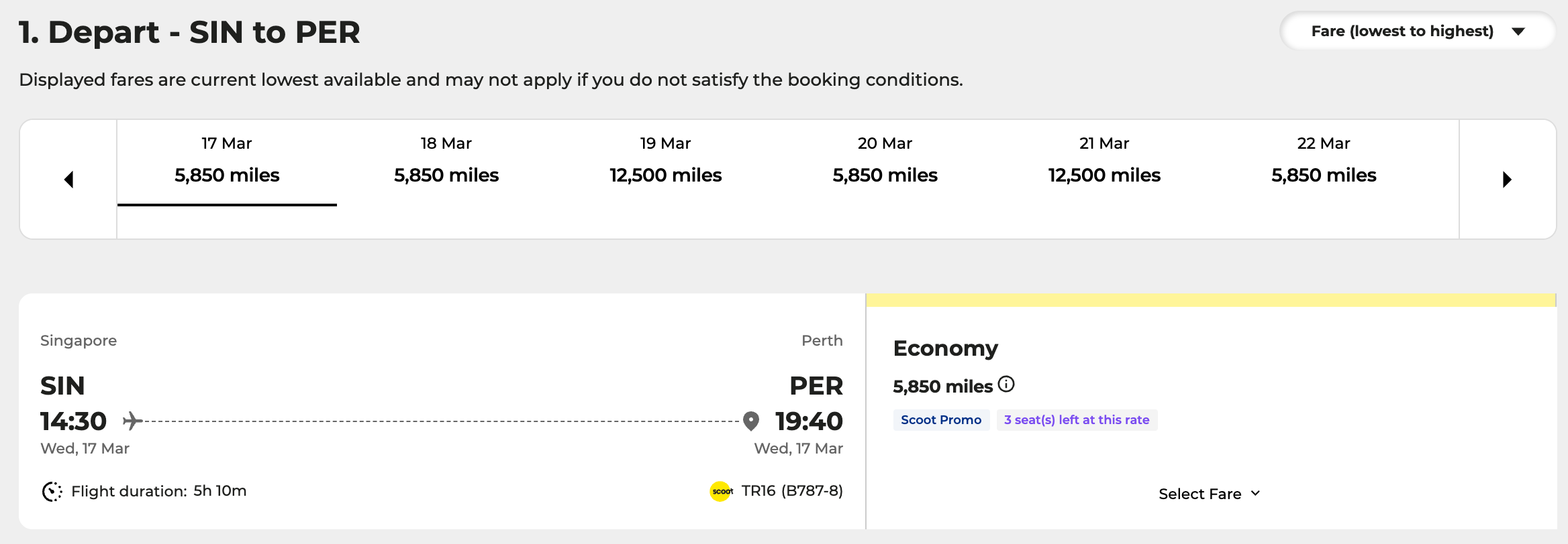 Scoot award search showing Singapore (SIN) to Perth (PER) on March 17, 2027 for 5,850 KrisFlyer miles under Scoot Promo with three seats left