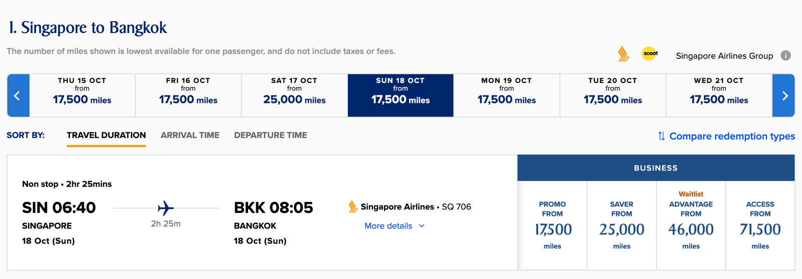 Singapore to Bangkok business class Promo award pricing at 17,500 KrisFlyer miles on Singapore Airlines flight SQ706