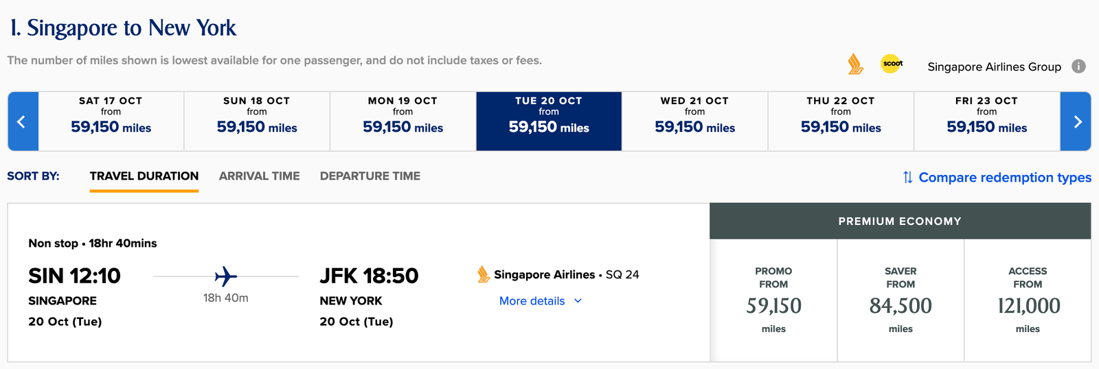 Singapore to New York premium economy Promo award pricing at 59,150 KrisFlyer miles on Singapore Airlines flight SQ24