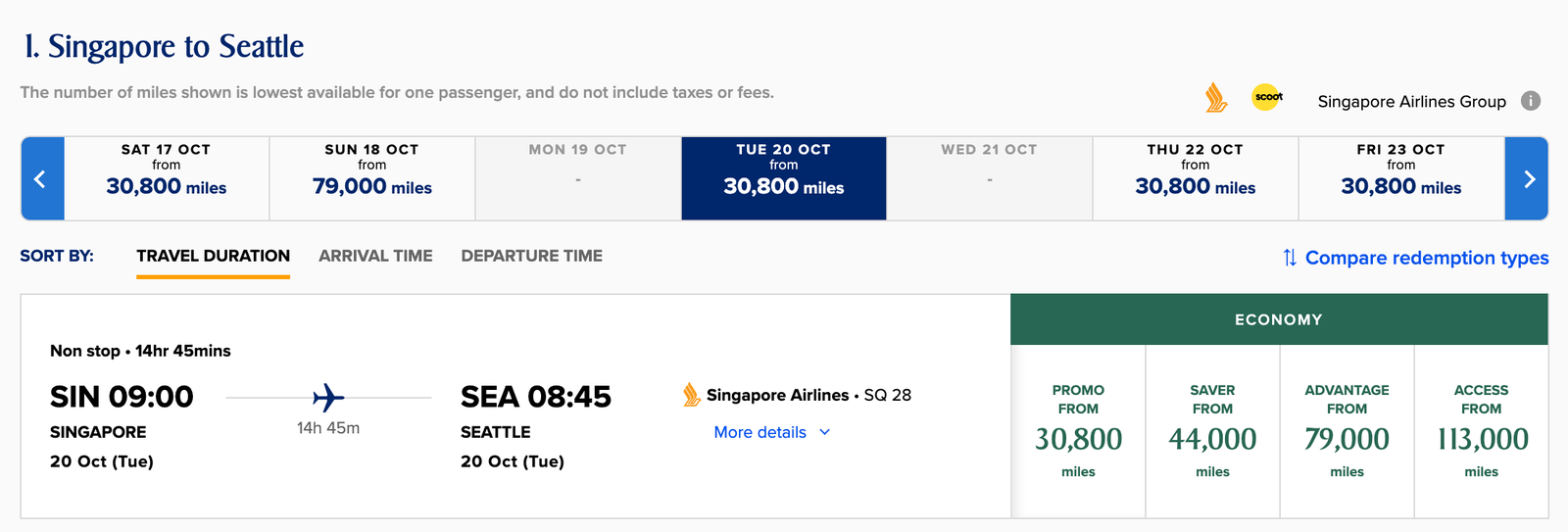 Singapore to Seattle economy Promo award pricing at 30,800 KrisFlyer miles on Singapore Airlines flight SQ28
