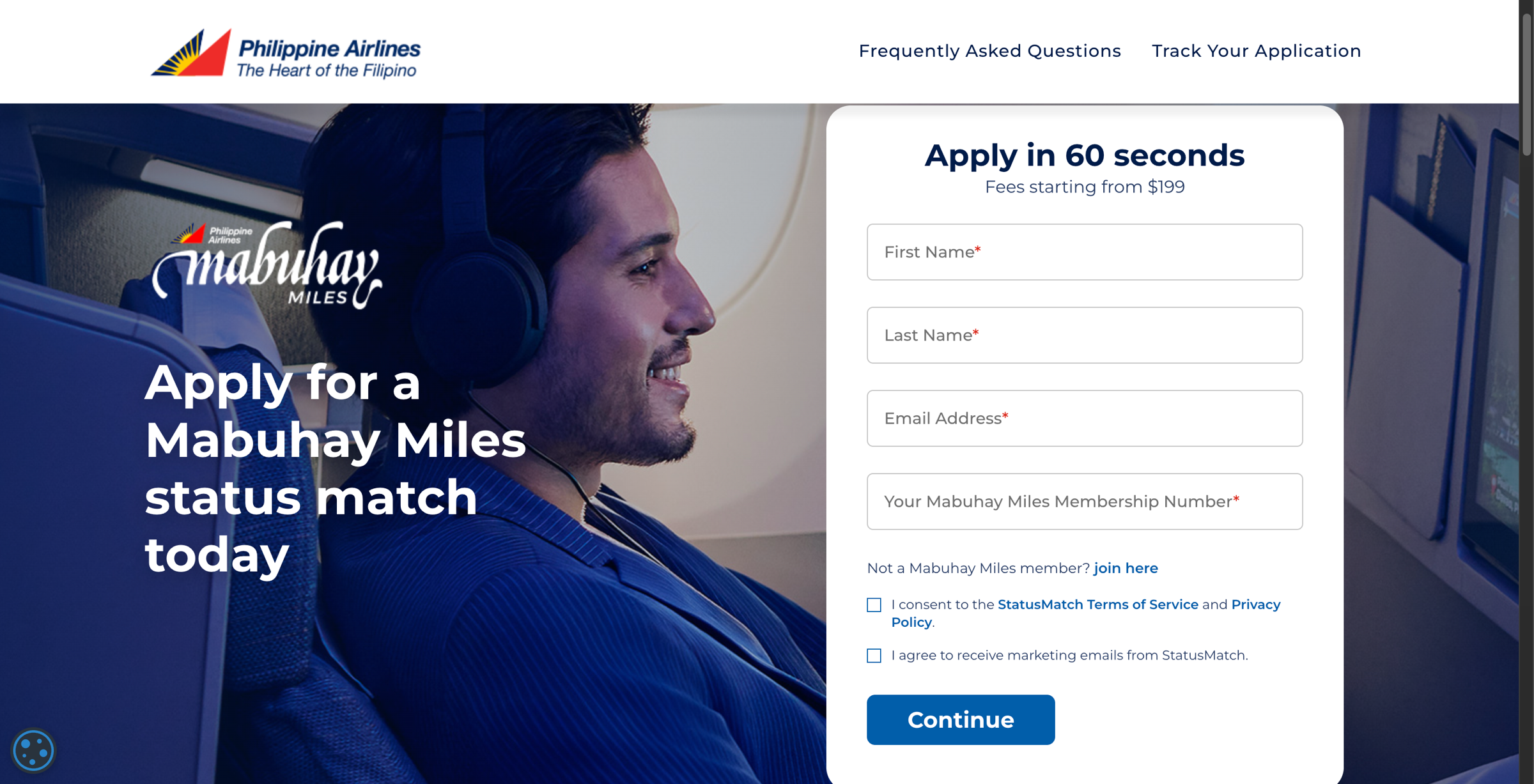 Philippine Airlines Mabuhay Miles status match application page