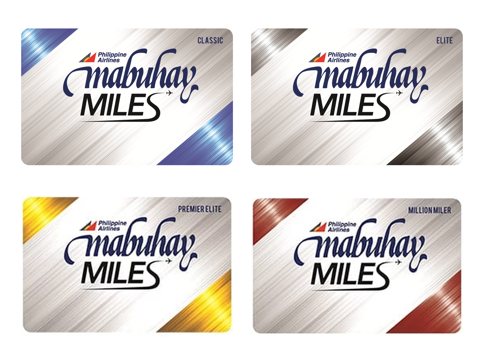 The four Mabuhay Miles tier cards: Classic, Elite, Premier Elite, and Million Miler