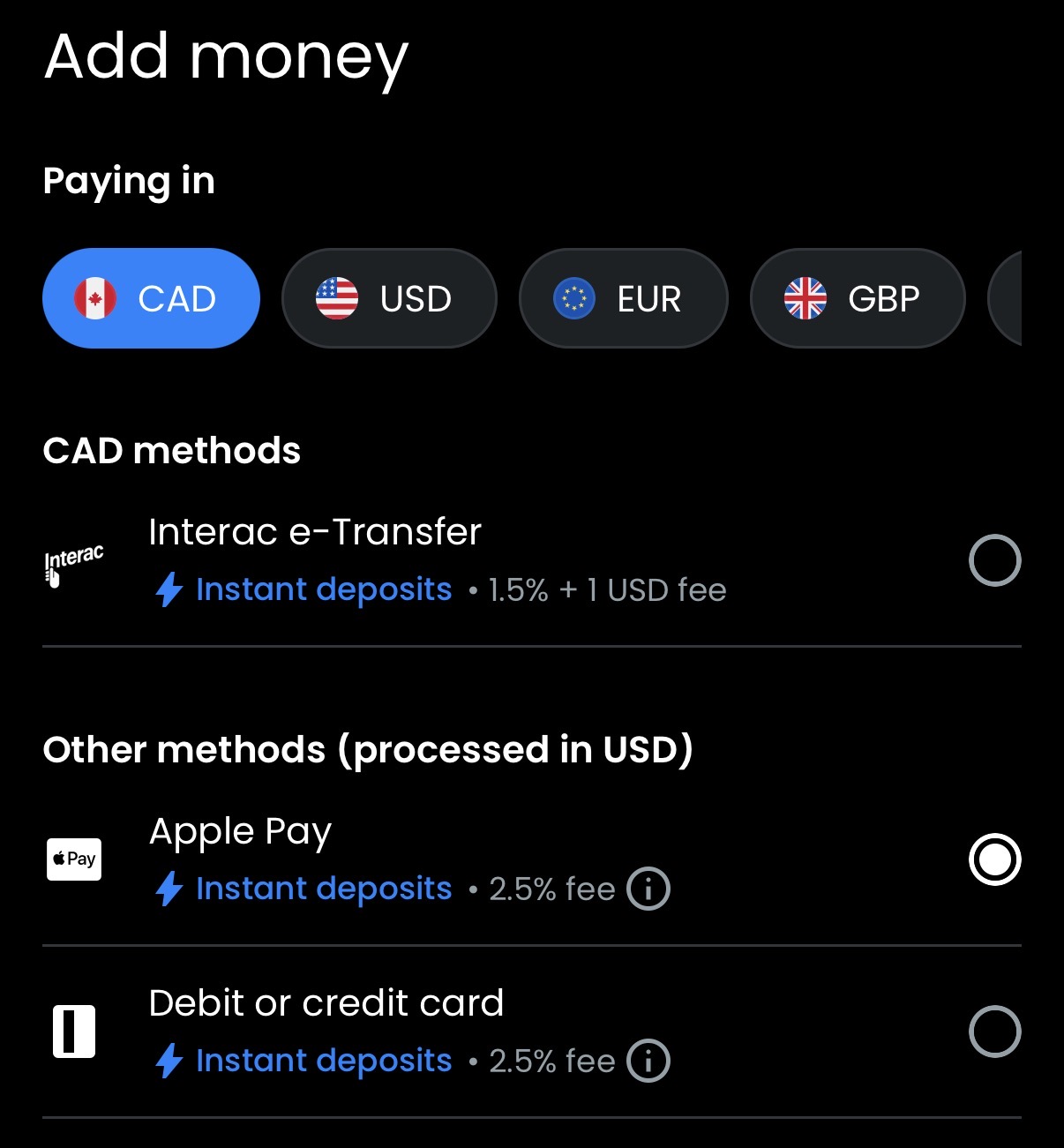 Moreta Pay Add money screen with CAD selected showing Interac e-Transfer instant deposits with a 1.5% plus 1 USD fee