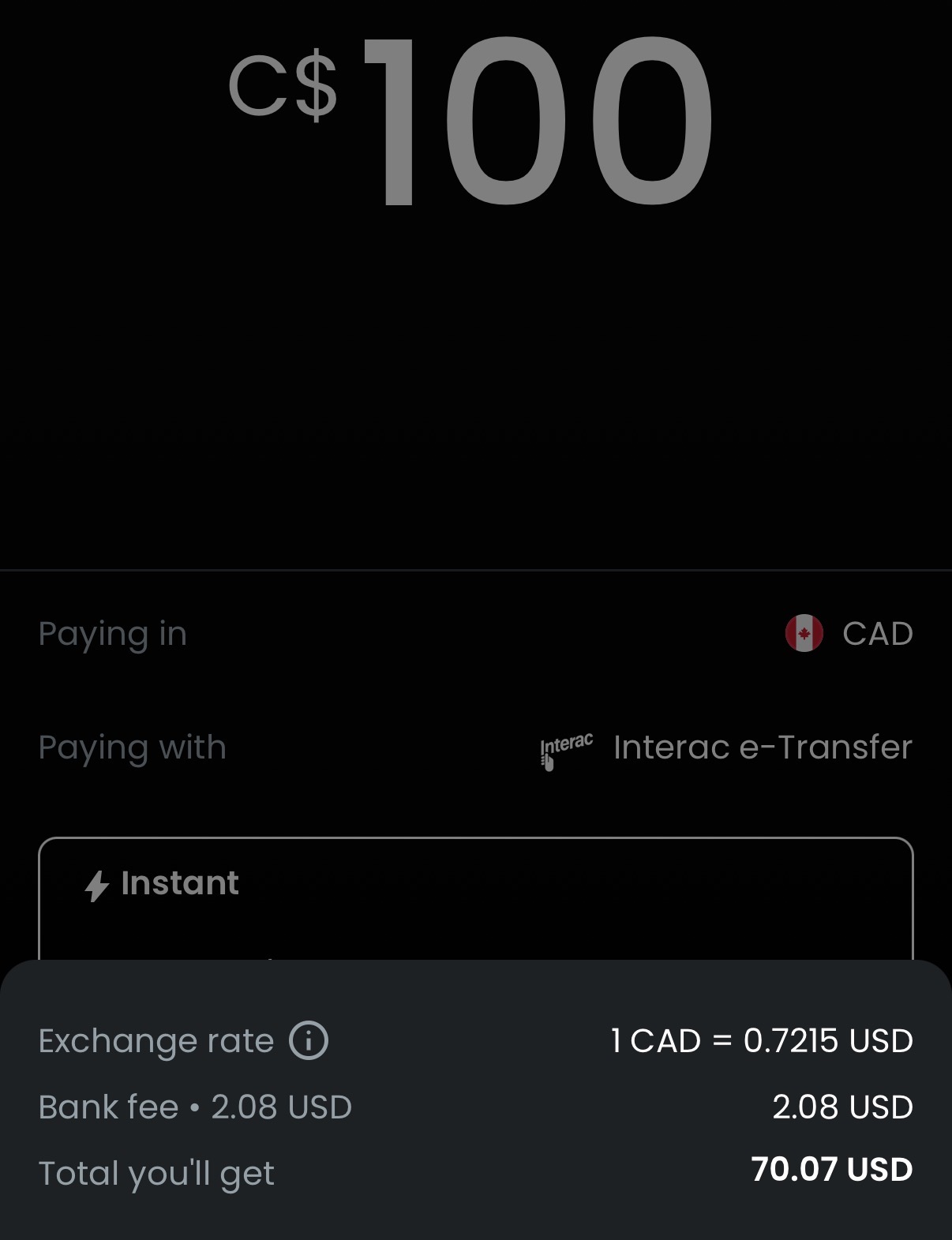 Moreta Pay review screen for a 100 CAD Interac e-Transfer top-up showing the 0.7215 exchange rate, a 2.08 USD bank fee, and a 70.07 USD total
