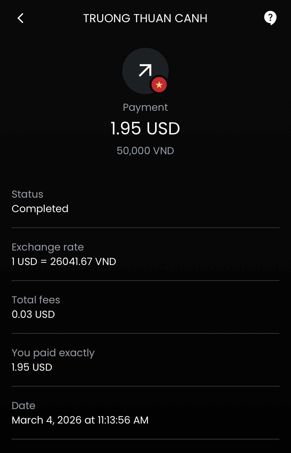 Completed Moreta Pay payment in Vietnam for 50,000 VND showing a 1.95 USD total with the exchange rate and a 0.03 USD fee