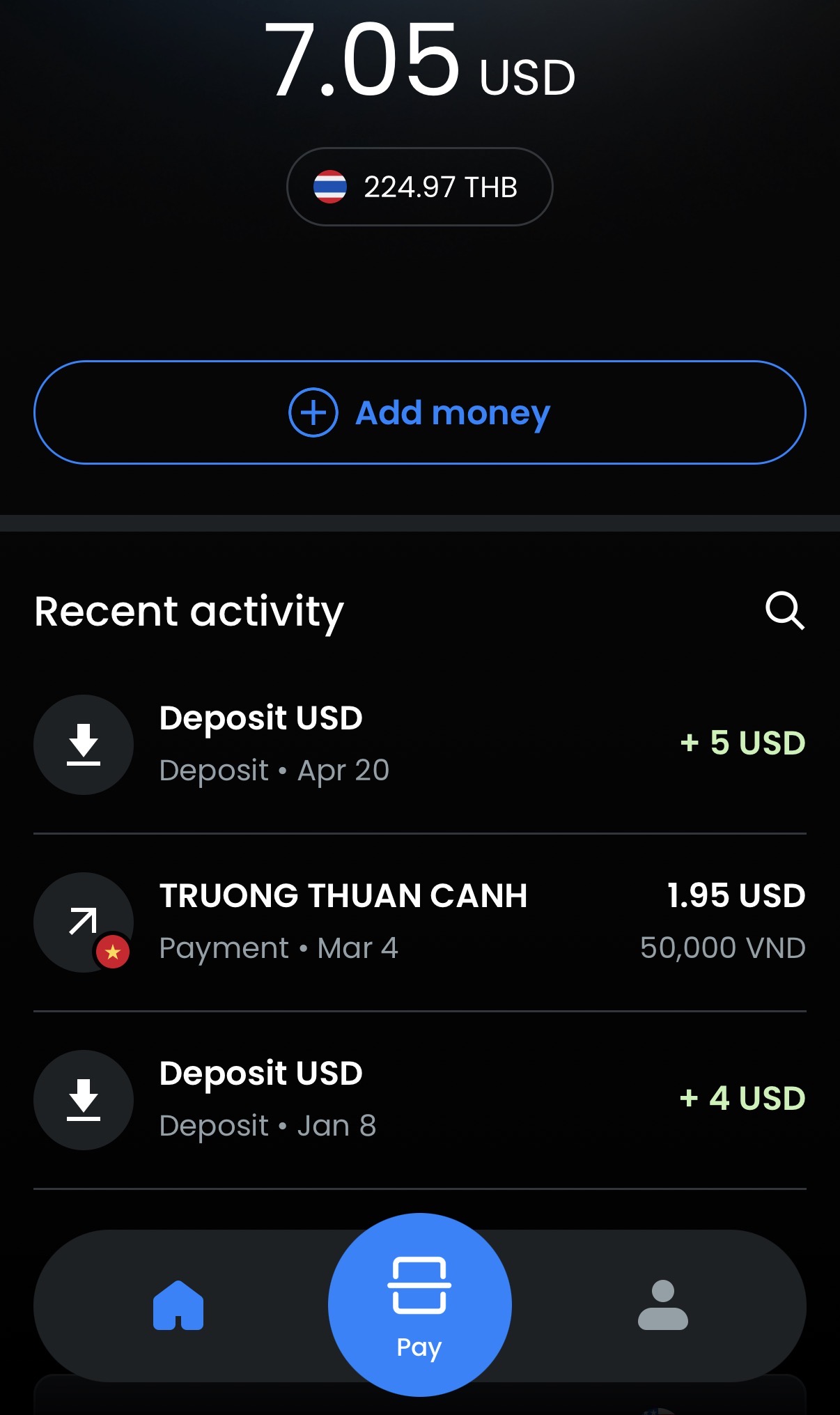Moreta Pay wallet home screen with a USD balance, Thai baht equivalent, and recent deposits and payments
