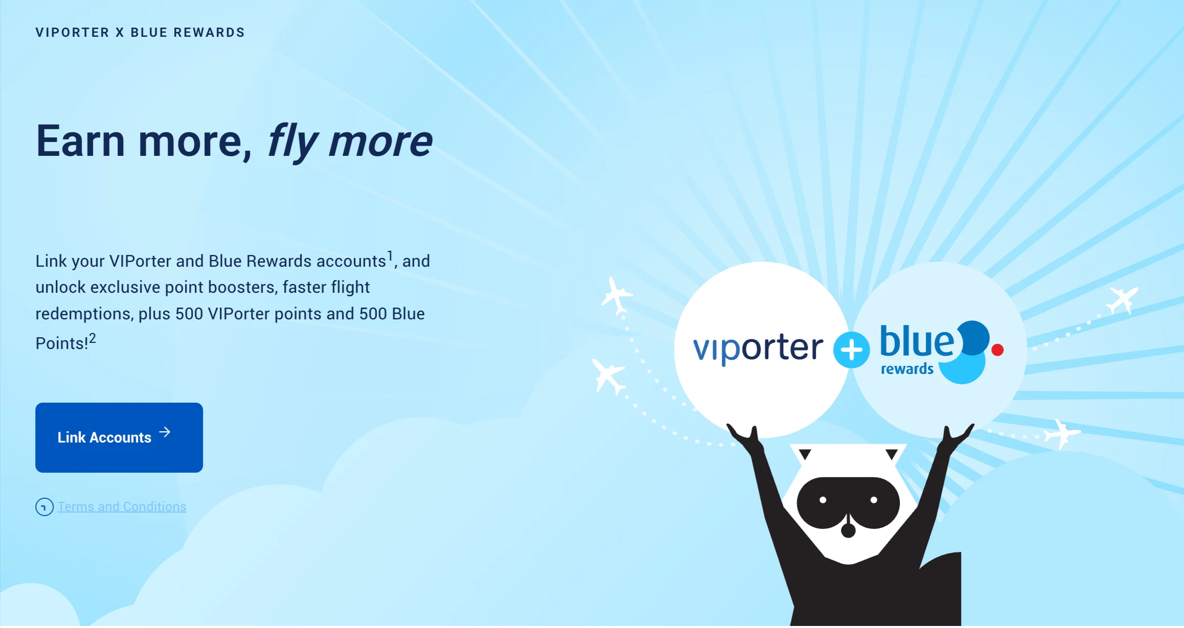 Porter Airlines VIPorter and Blue Rewards partnership page with a Link Accounts button