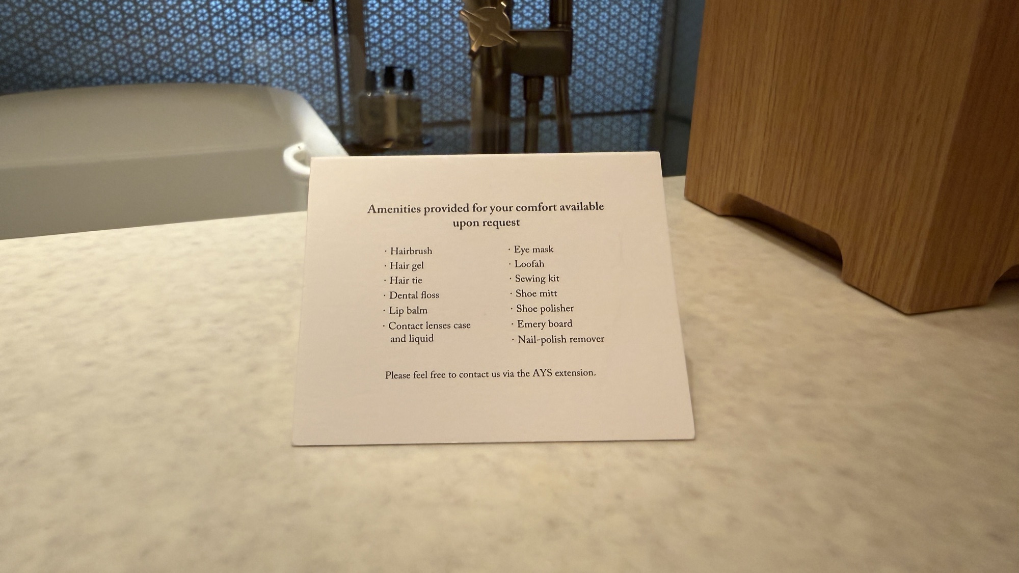 Card listing additional amenities available on request