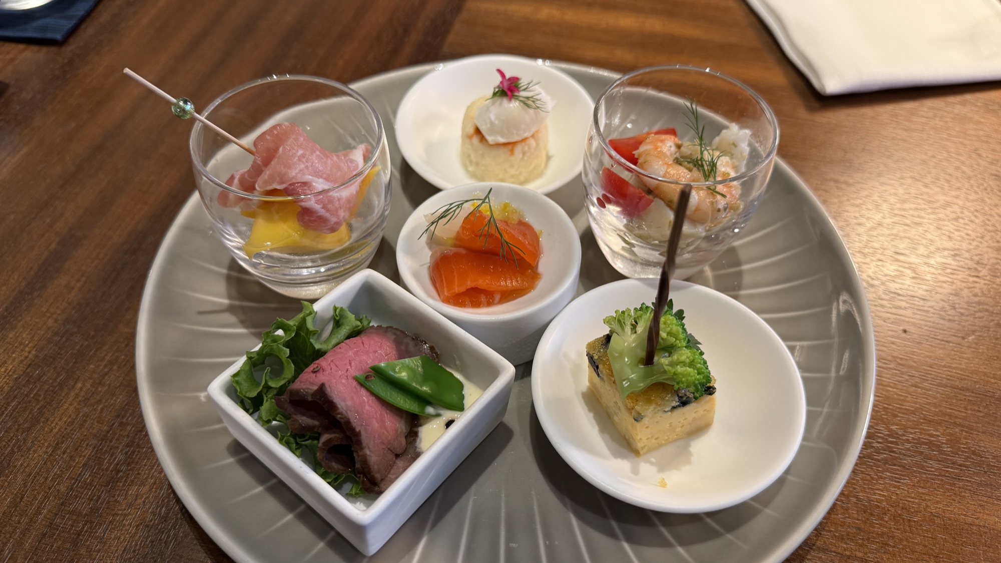 A plated selection of canapes from the evening service