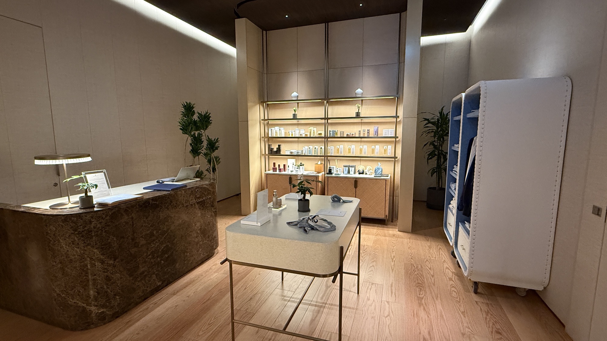 Spa reception with product display shelves