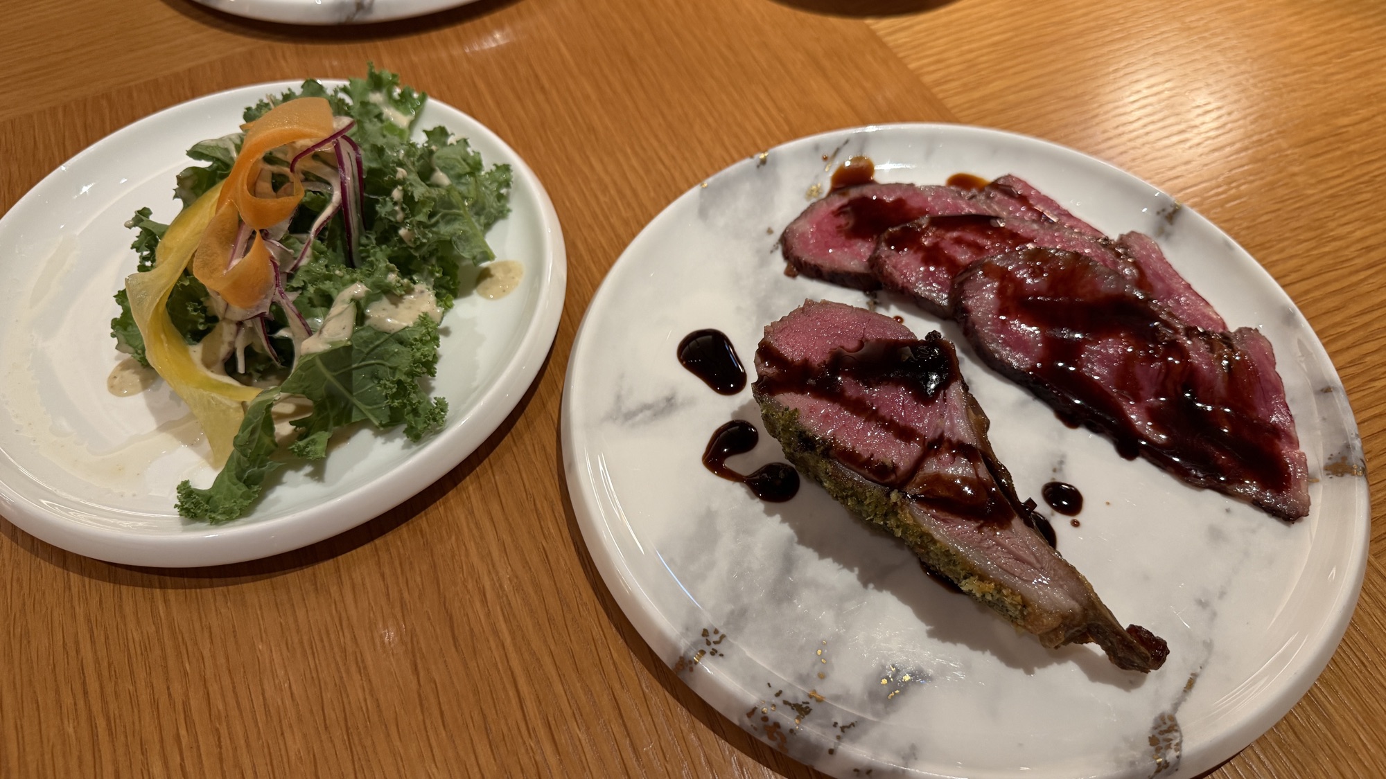 Sliced beef with sauce and a salad plate