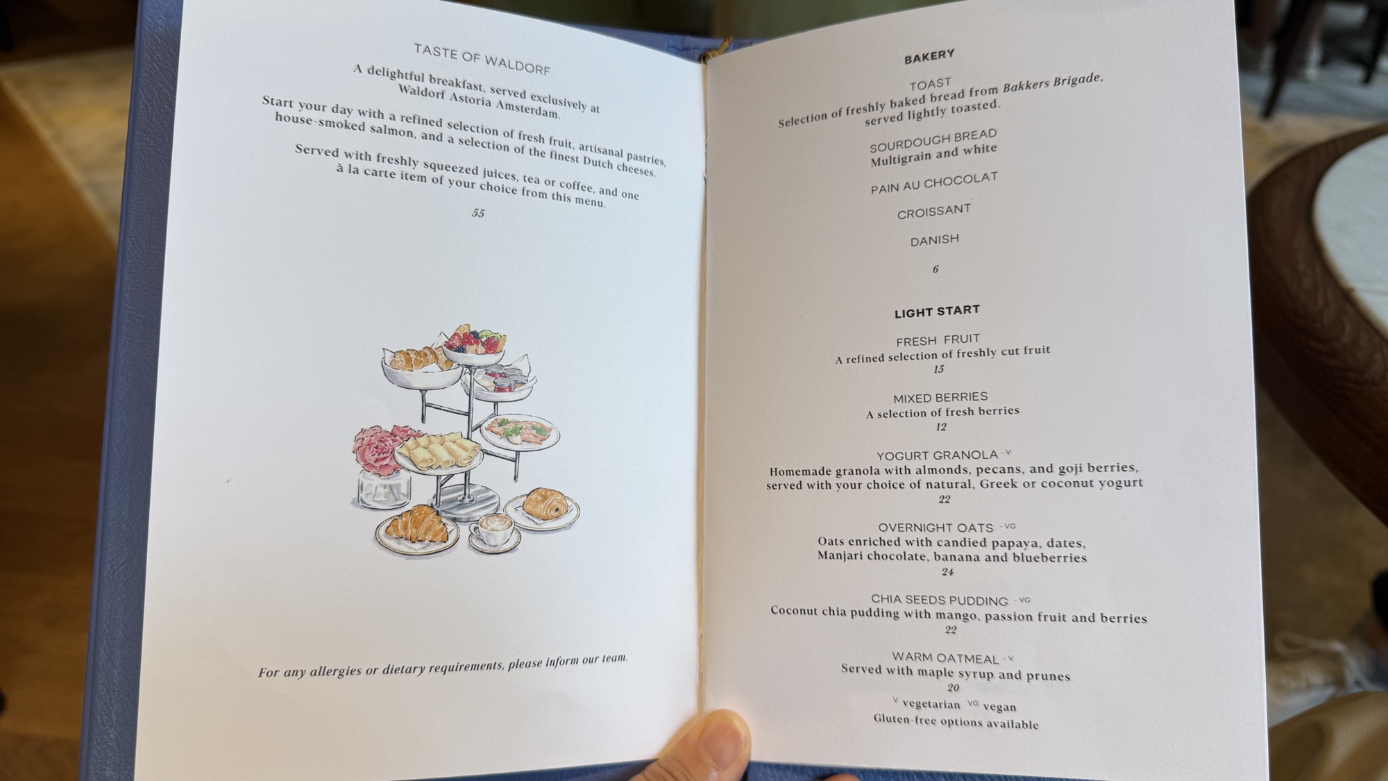 The Taste of Waldorf breakfast menu at Goldfinch Brasserie, bakery and light-start sections