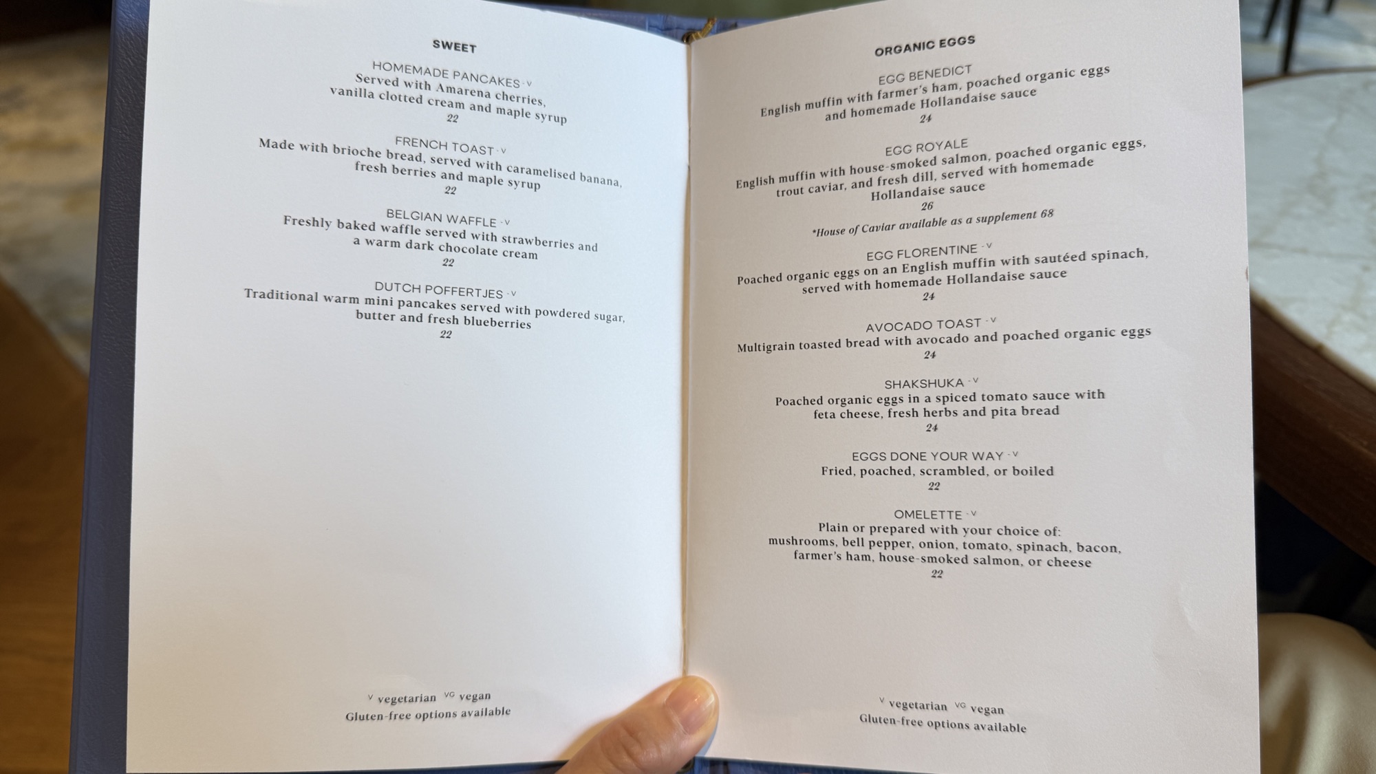 The Taste of Waldorf breakfast menu at Goldfinch Brasserie, eggs, omelette, and sweet sections