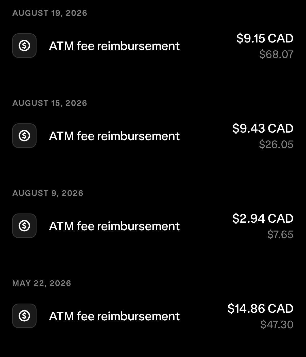 Wealthsimple ATM fee reimbursements including 14.86 CAD and 9.43 CAD refunded on withdrawals abroad