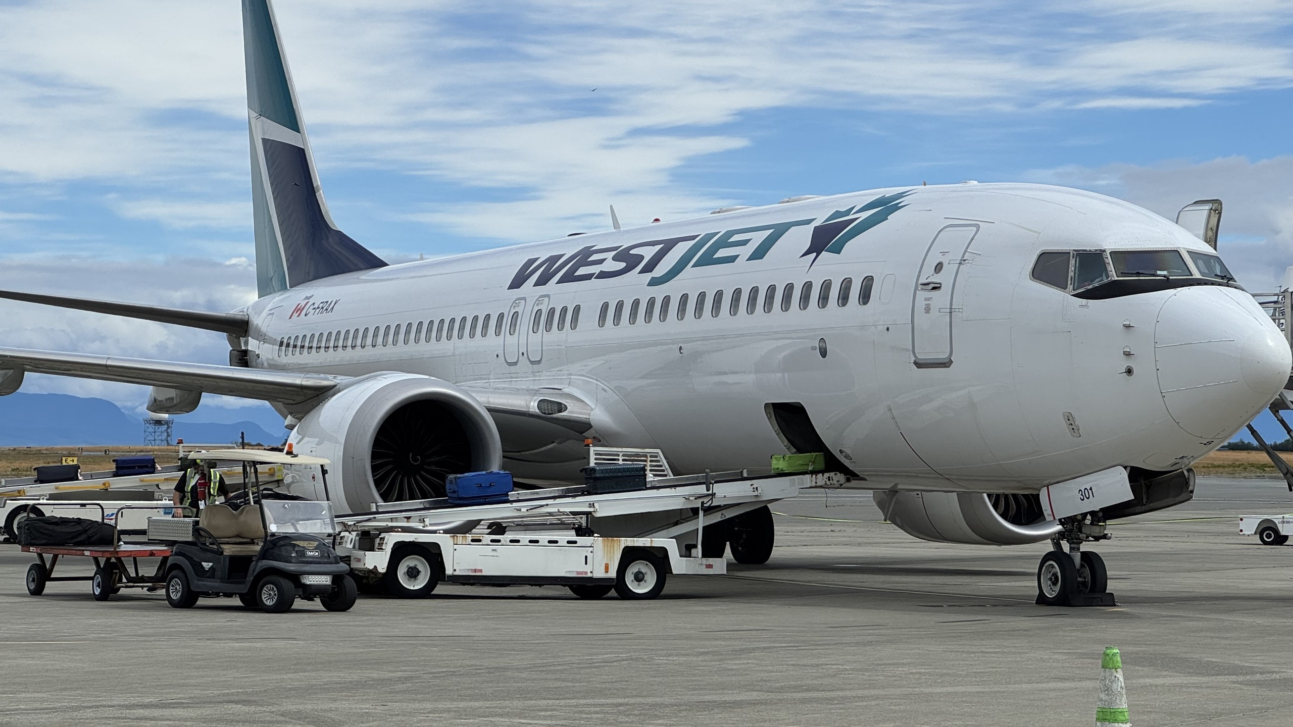 WestJet Boeing 737 on the apron with ground equipment