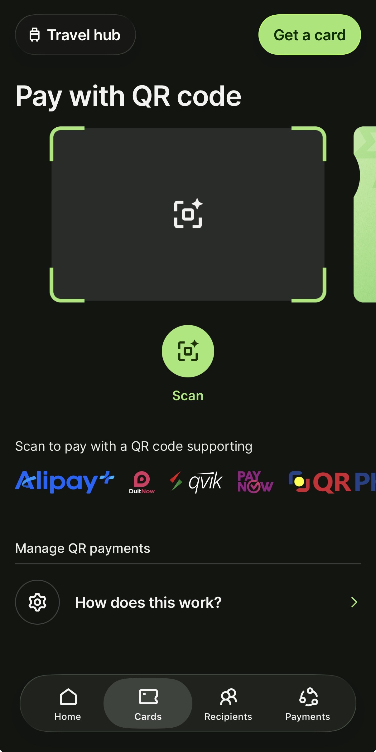 Wise app Pay with QR code screen listing supported networks Alipay+, DuitNow, qvik, PayNow, and QR Ph