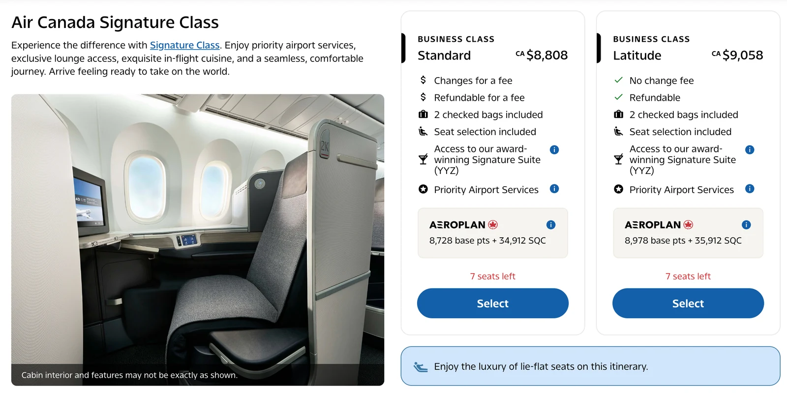 Air Canada Business Class Standard and Latitude fares from Toronto to London Heathrow showing base points and SQC