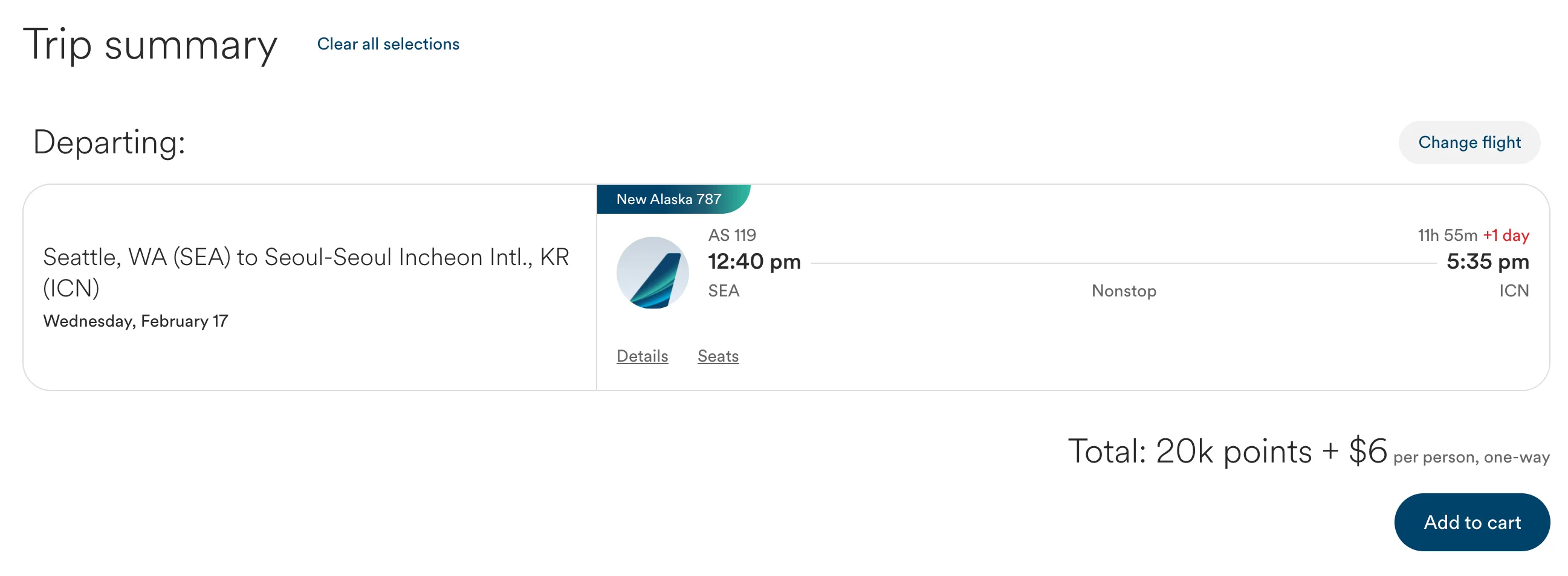 Atmos Rewards award search showing Seattle to Seoul for 20,000 points and $6 on February 17