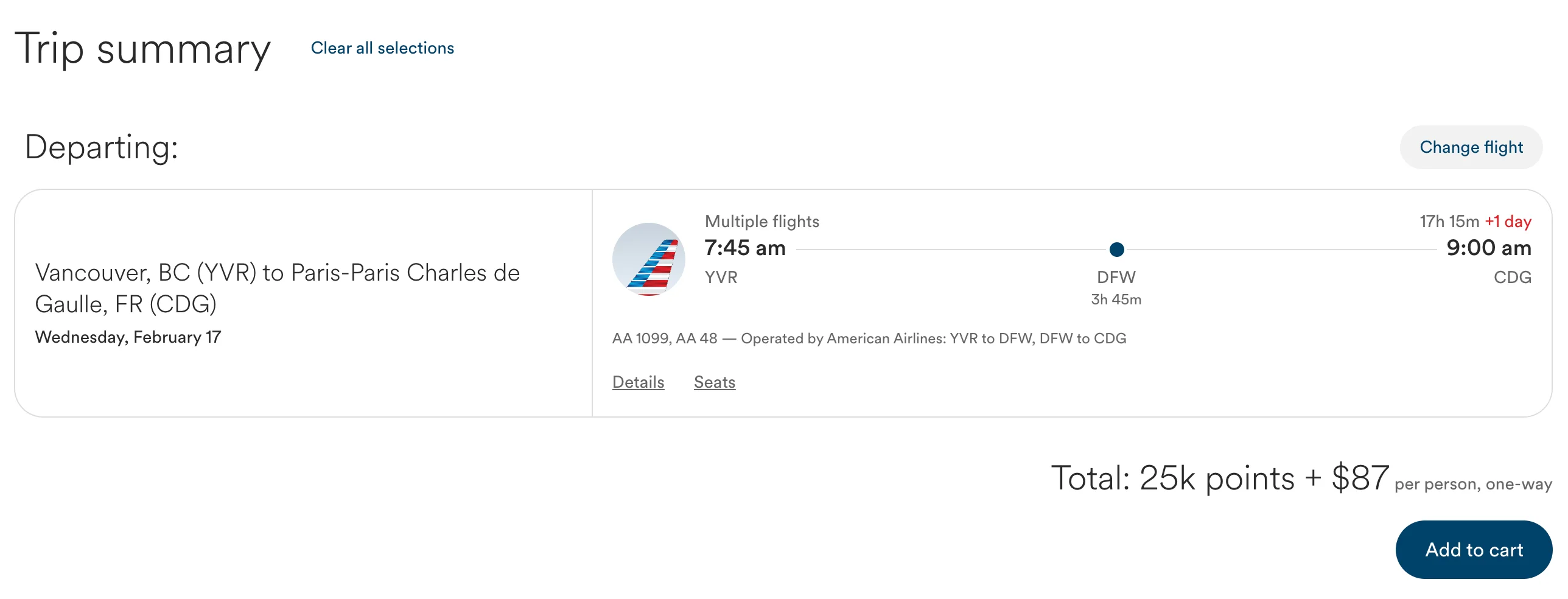 Atmos Rewards award search showing Vancouver to Paris via Dallas–Fort Worth on American Airlines for 25,000 points and $87