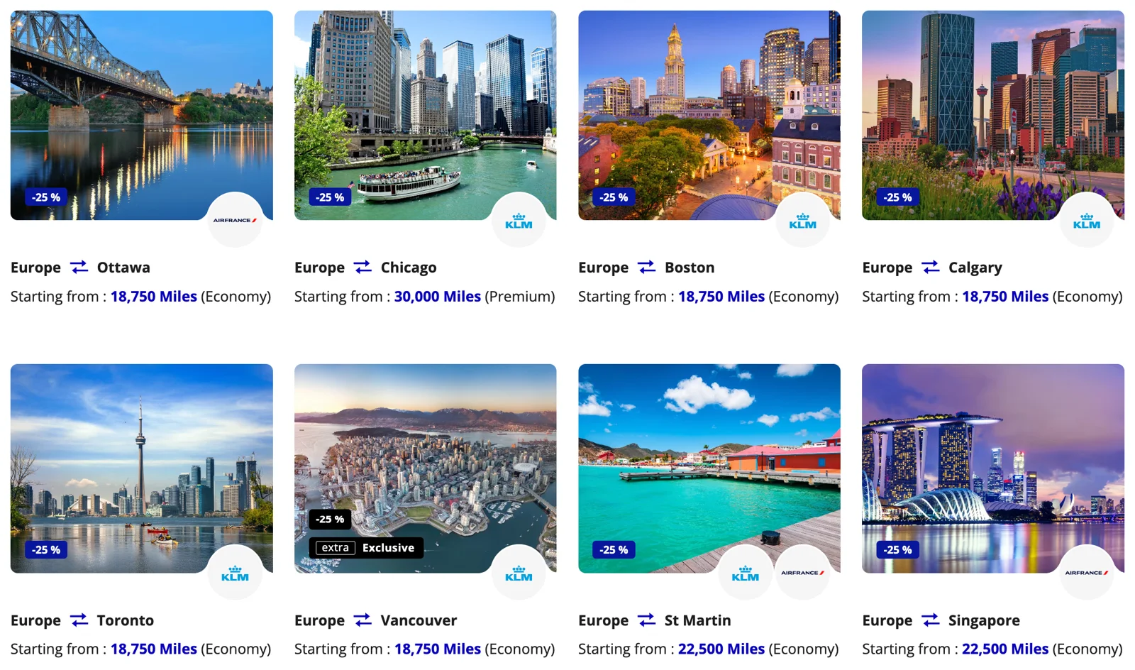Flying Blue Promo Rewards for October 2026 showing discounted fares from Europe to Ottawa, Chicago, Boston, Calgary, Toronto, Vancouver, St. Martin, and Singapore