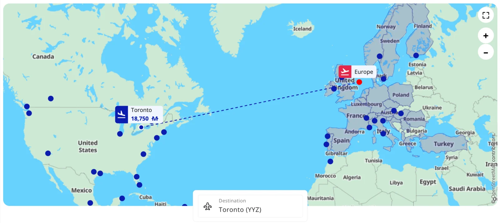 Flying Blue Promo Rewards map showing economy awards between Europe and Toronto for 18,750 miles