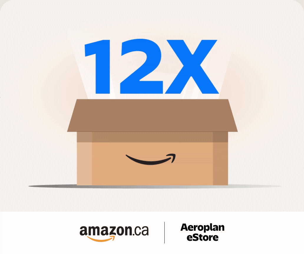 Aeroplan eStore and Amazon.ca promotion graphic showing 12x points
