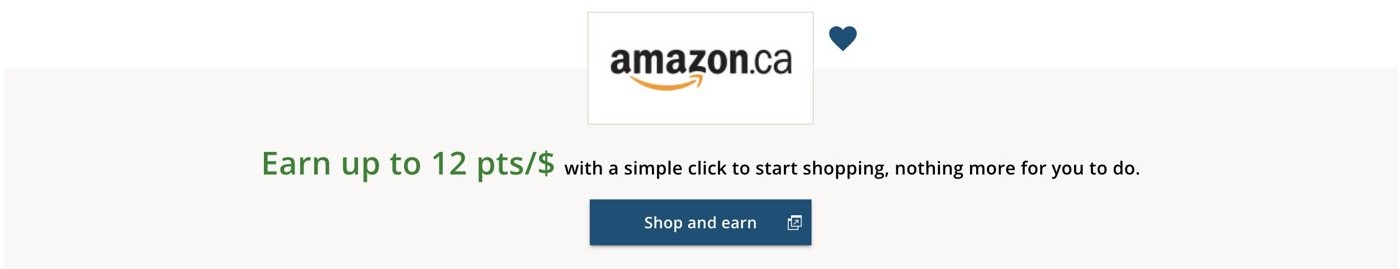 Aeroplan eStore Amazon page showing up to 12 points per dollar with a Shop and earn button