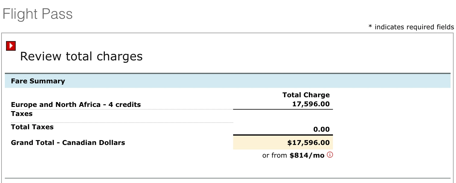 Air Canada Flight Pass checkout summary for four Europe and North Africa business class credits: $17,596.00 total charge, $0.00 in taxes, and a grand total of $17,596.00 in Canadian dollars