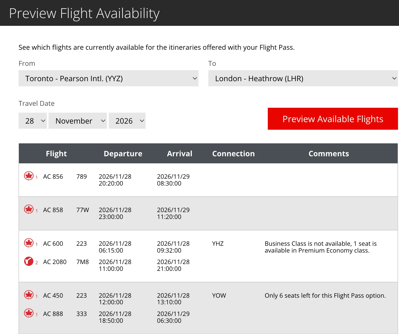 Air Canada Flight Pass Preview Flight Availability results for Toronto Pearson to London Heathrow on November 28, 2026, showing two non-stop flights, a connection via Ottawa with only six seats left for the Flight Pass option, and a connection via Halifax where business class is not available