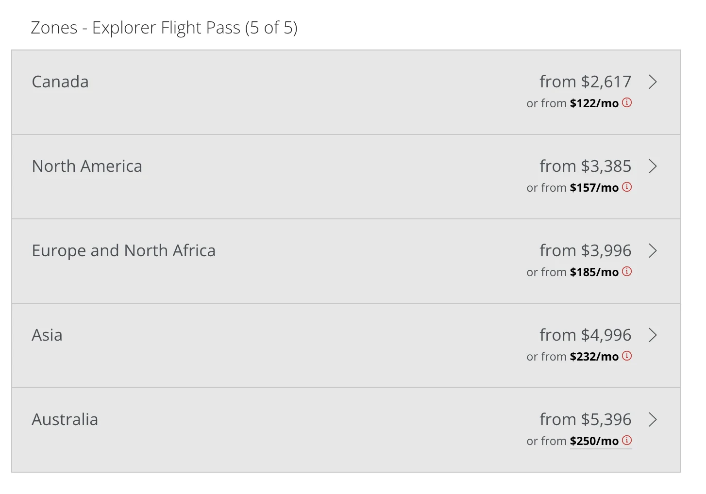 Air Canada Explorer Flight Pass zones with starting prices: Canada from $2,617, North America from $3,385, Europe and North Africa from $3,996, Asia from $4,996, and Australia from $5,396