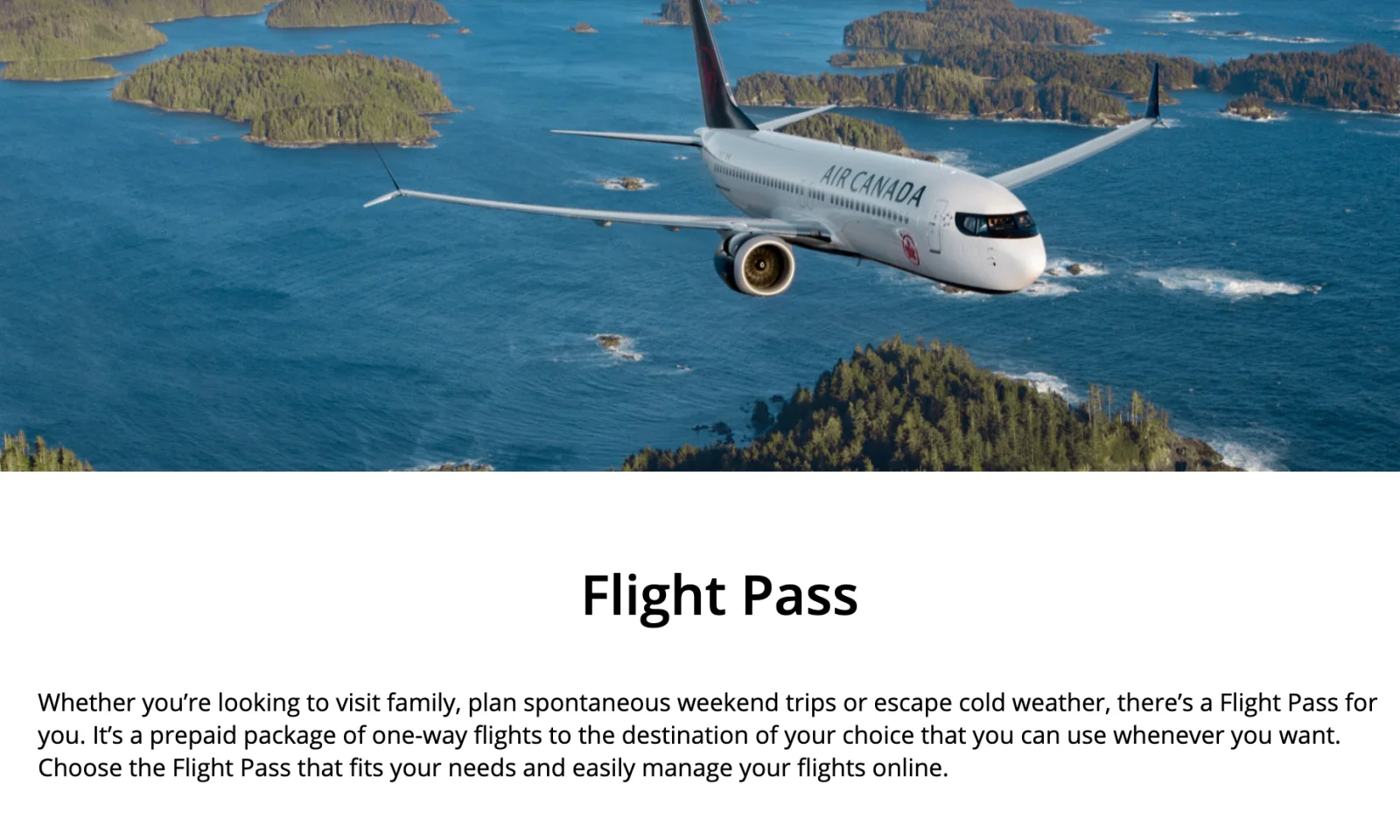 Air Canada’s Flight Pass page, with an Air Canada jet flying over coastal islands and a description of a Flight Pass as a prepaid package of one-way flights you can use whenever you want