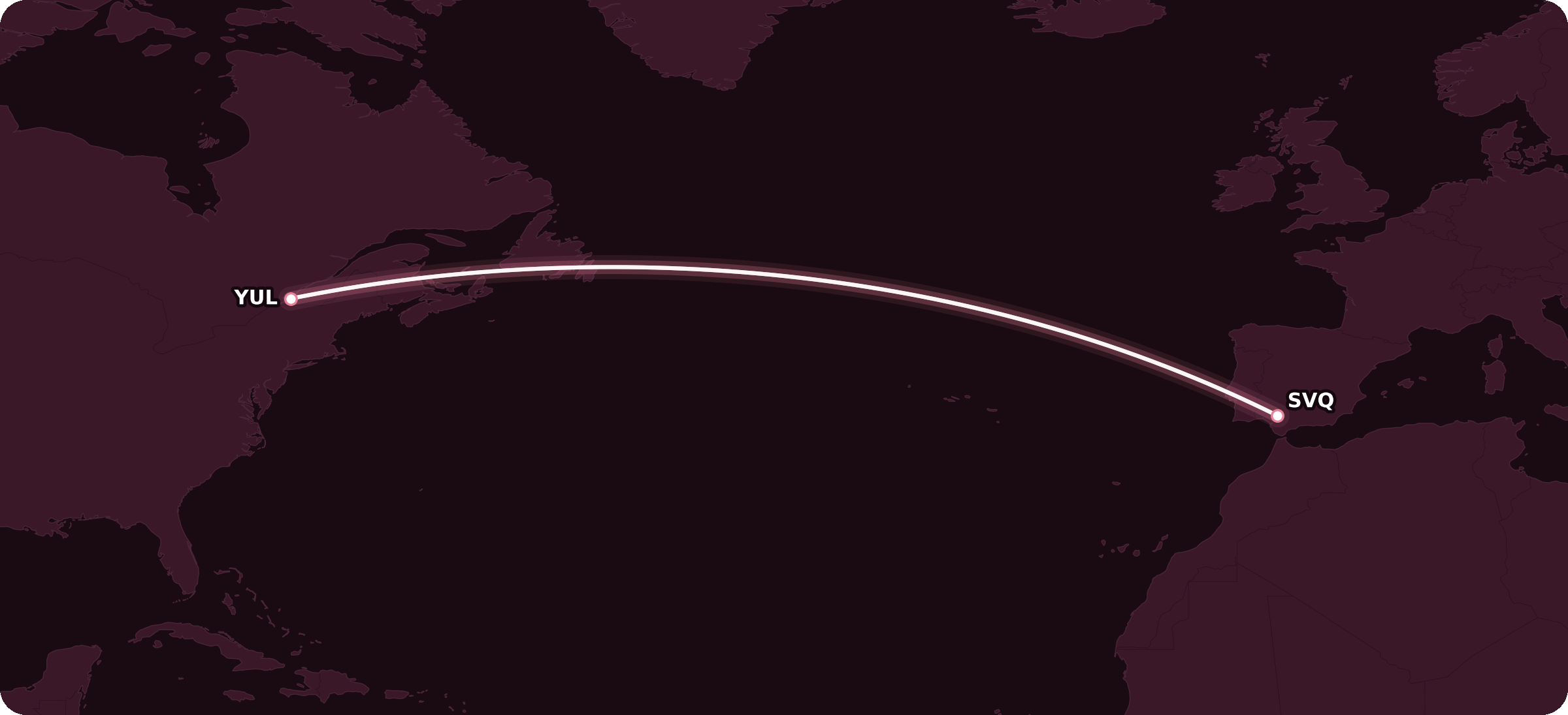 Route map of Air Canada's new non-stop flight from Montréal (YUL) to Seville (SVQ)