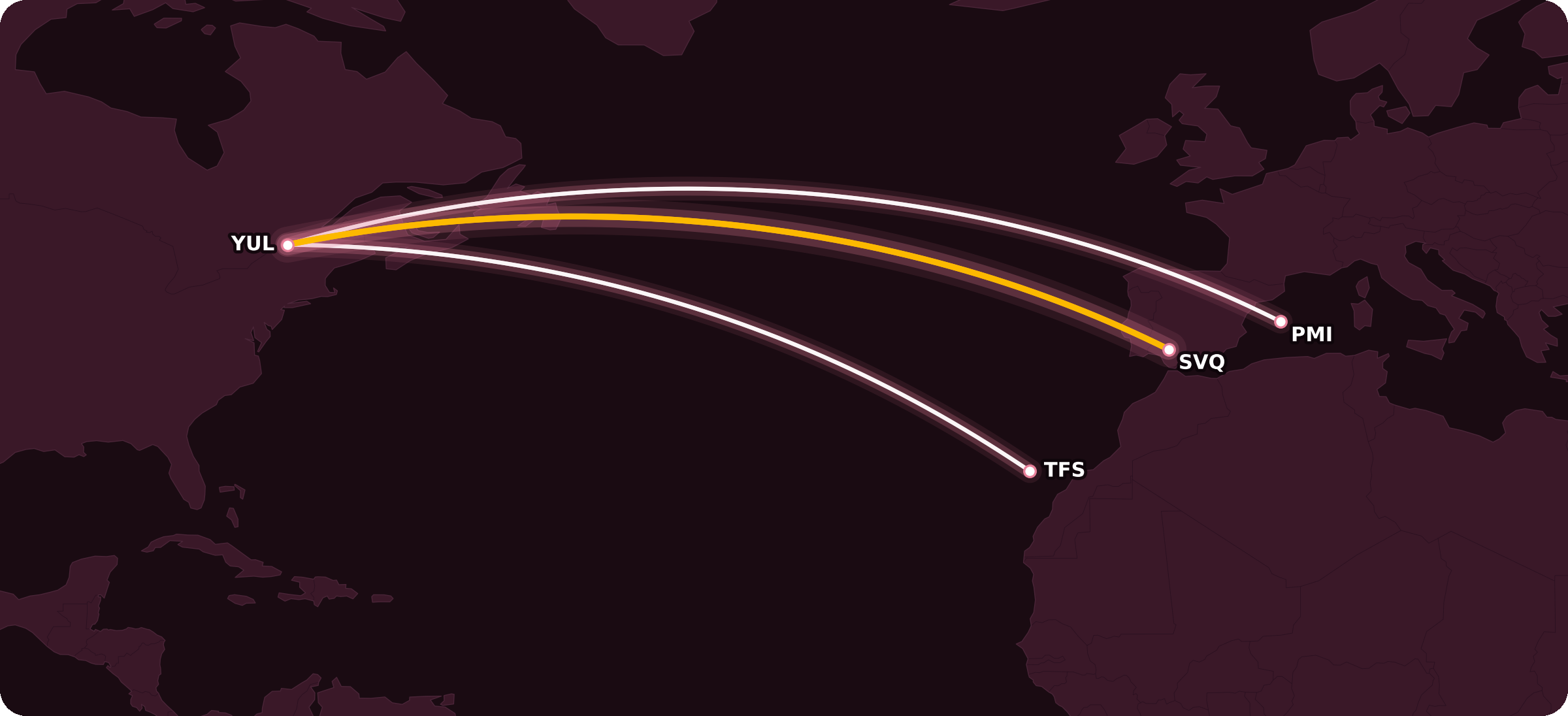 Route map of Air Canada flights from Montréal (YUL) to Seville (SVQ), Palma de Mallorca (PMI), and Tenerife (TFS)