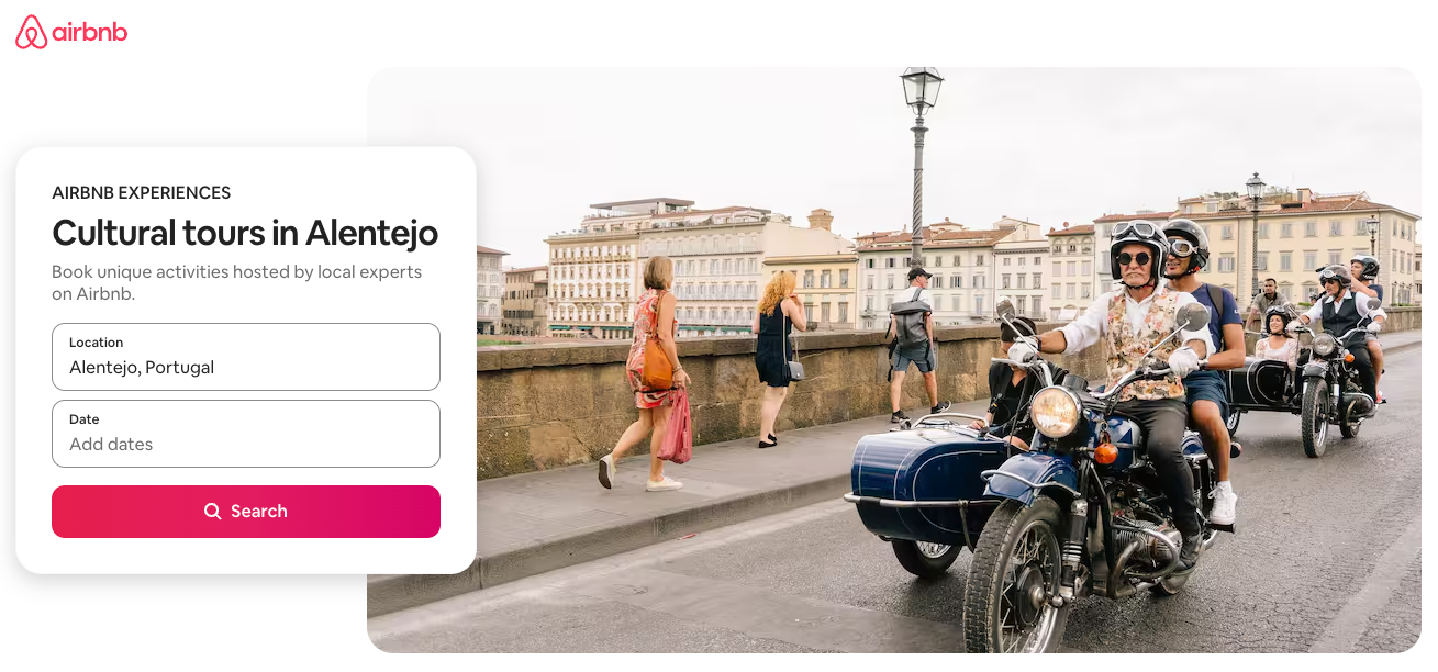 Airbnb Experiences page offering activities hosted by local experts, with a cultural tour in Alentejo, Portugal
