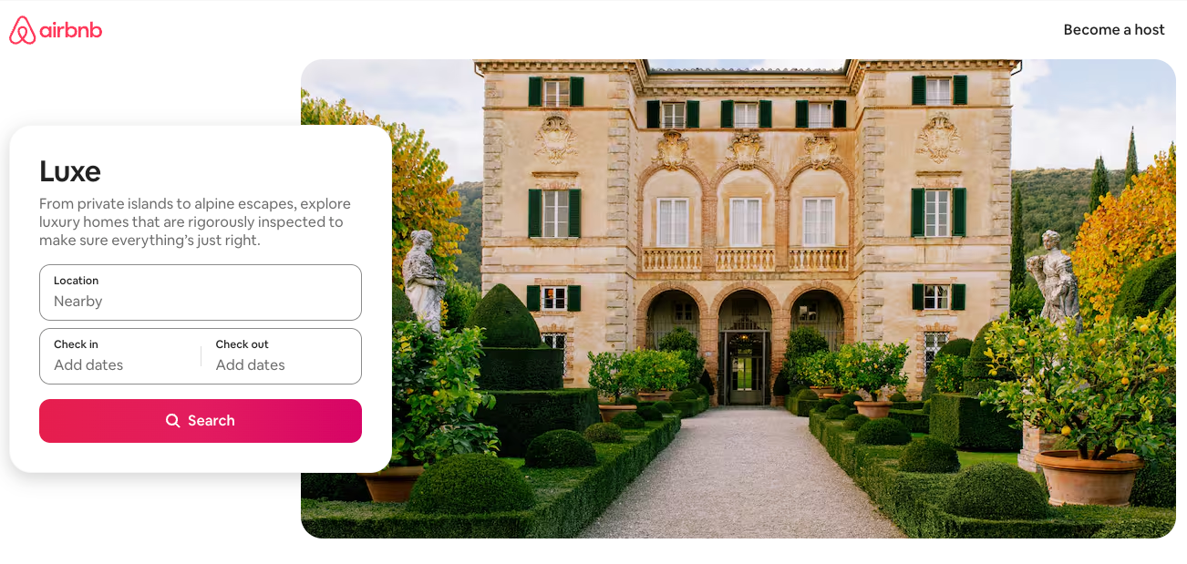Airbnb Luxe page describing luxury homes that are rigorously inspected, with an Italian villa