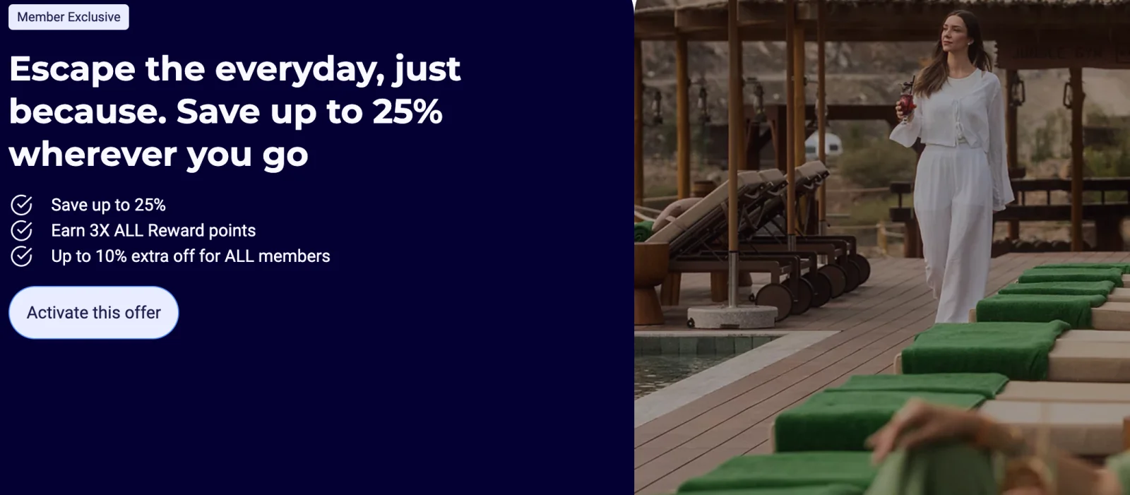 ALL Accor Member Exclusive offer page reading Escape the everyday, just because. Save up to 25% wherever you go, with up to 25% off, 3X ALL Reward points, and up to 10% extra off for ALL members