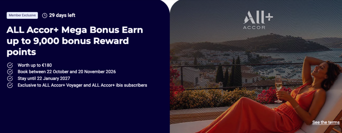ALL Accor+ Mega Bonus offer banner: earn up to 9,000 bonus Reward points, book between October 22 and November 20, 2026, and stay until January 22, 2027