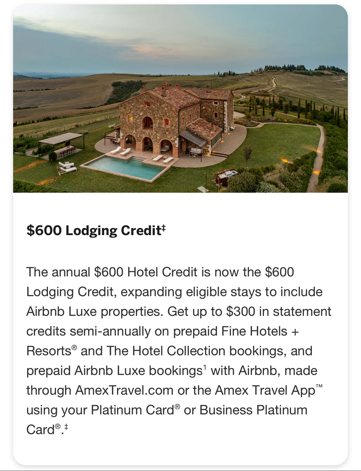 American Express US Platinum Card $600 Lodging Credit description, now including prepaid Airbnb Luxe bookings