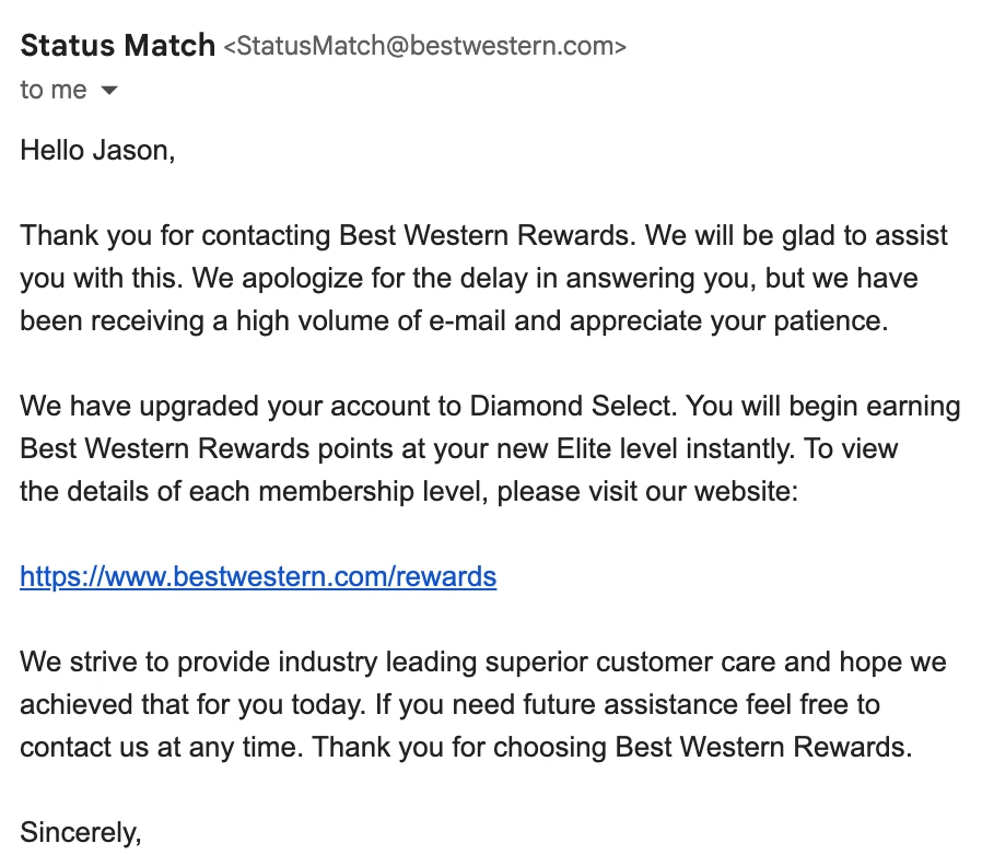 Email from Best Western Rewards status match confirming an account upgrade to Diamond Select