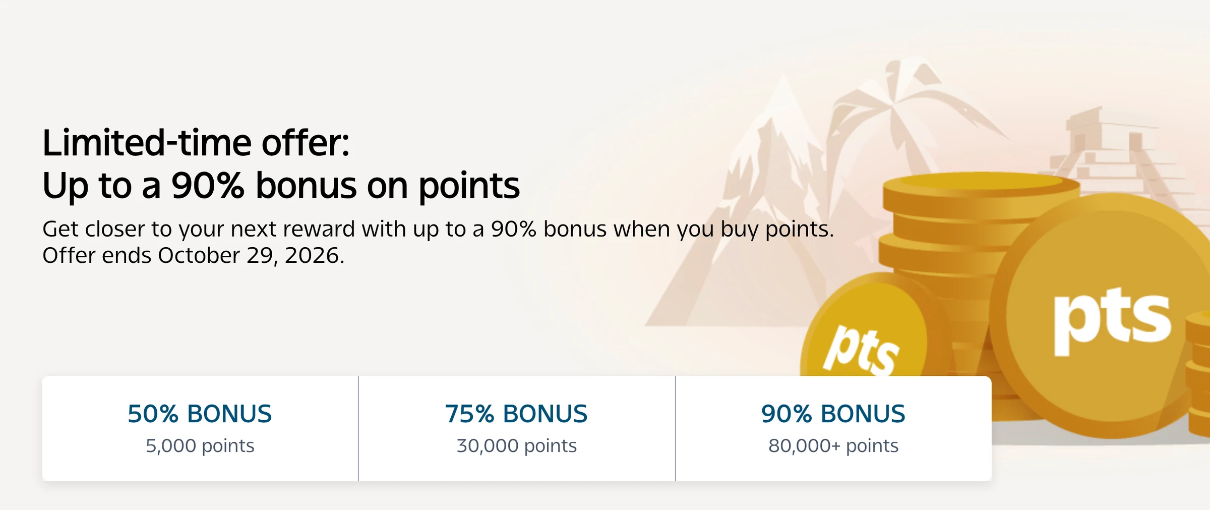 Aeroplan Buy Points promotion banner showing 50%, 75%, and 90% bonus tiers at 5,000, 30,000, and 80,000 or more points