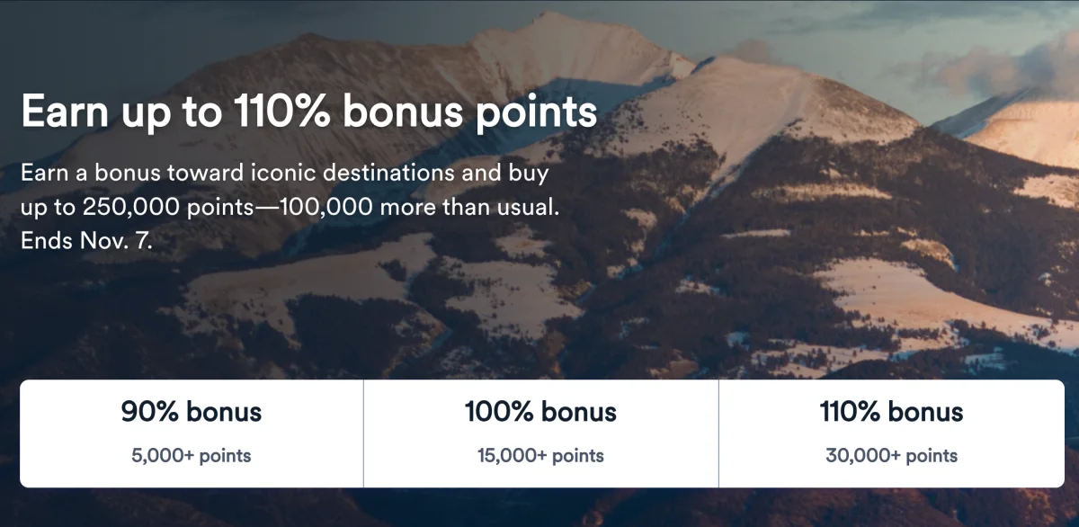 Atmos Rewards buy points banner offering up to a 110% bonus, with 90%, 100%, and 110% tiers at 5,000, 15,000, and 30,000 points, ending November 7