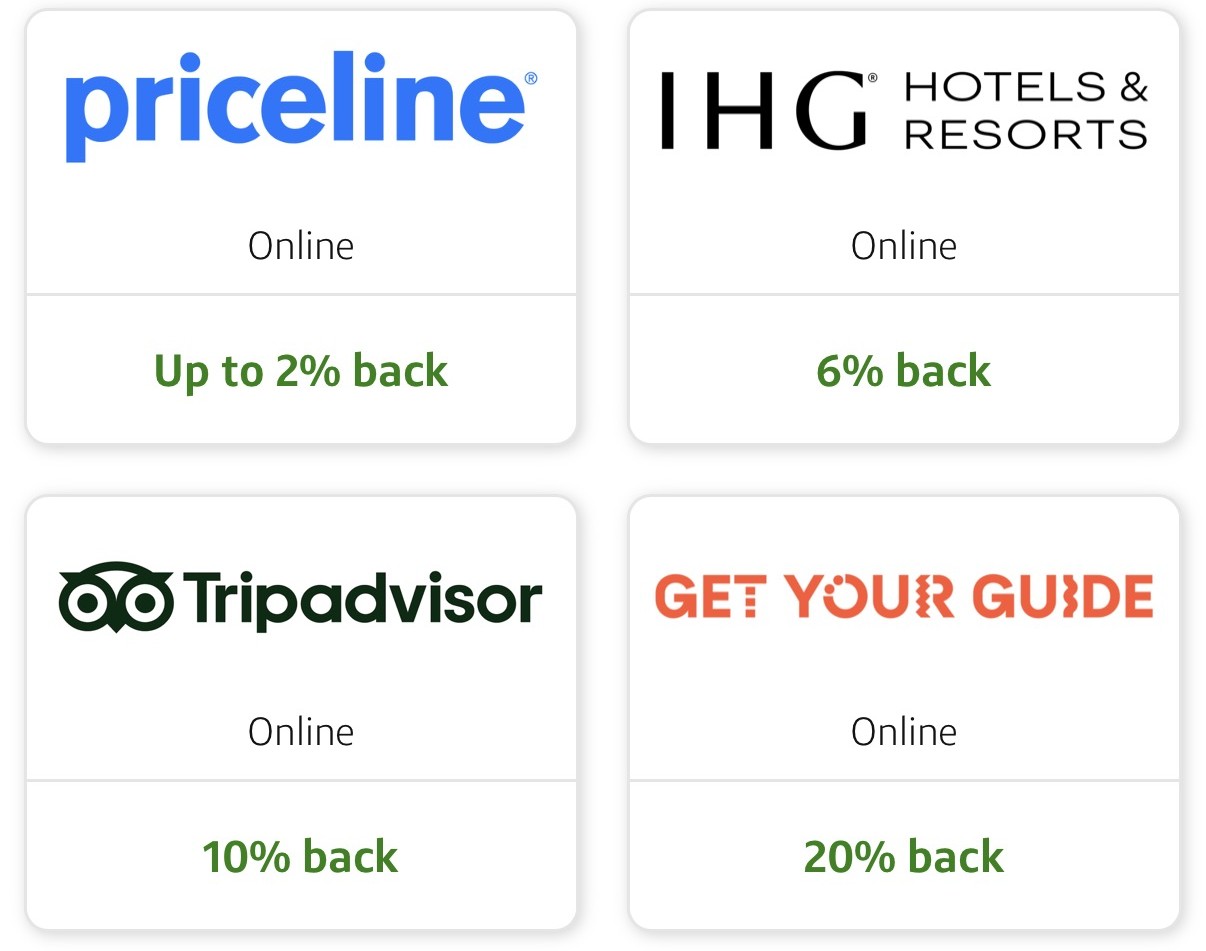 Capital One Offers in Canada including 20% back at GetYourGuide, 10% at Tripadvisor, 6% at IHG Hotels & Resorts, and up to 2% at Priceline