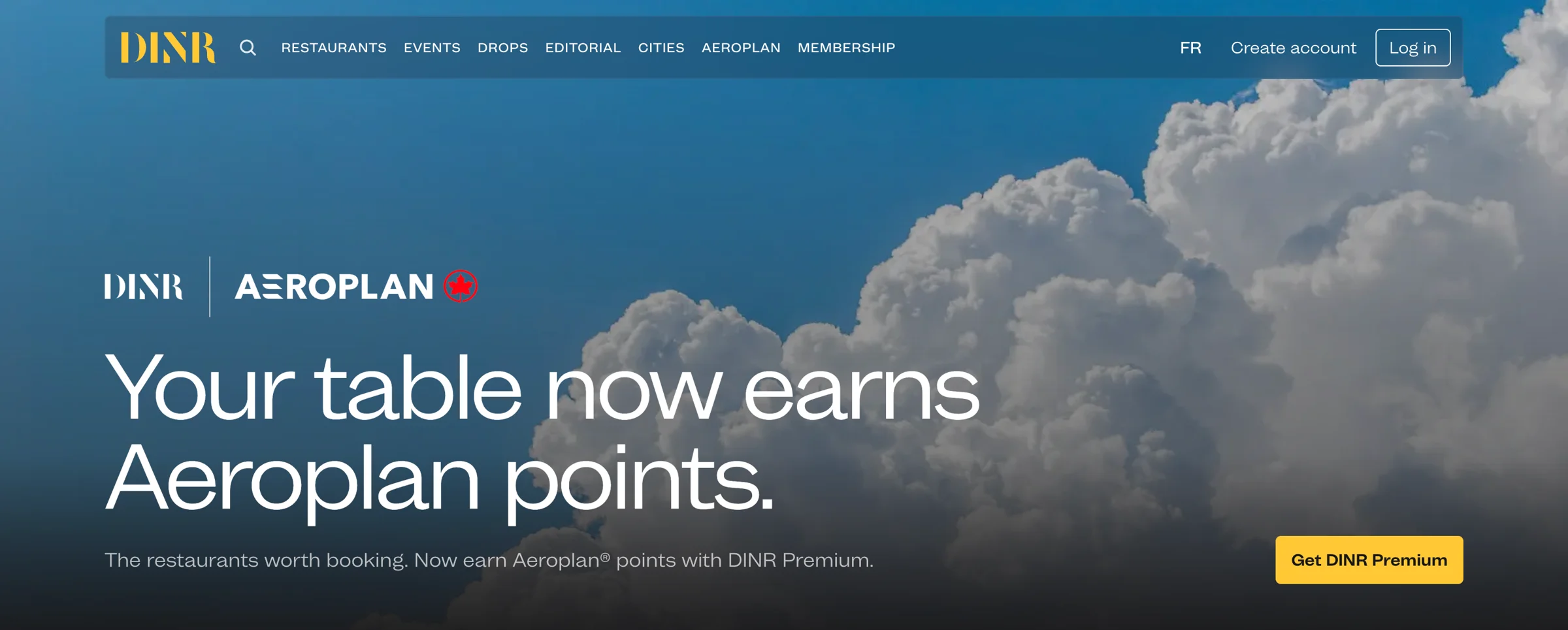 DINR and Aeroplan page headline reading Your table now earns Aeroplan points