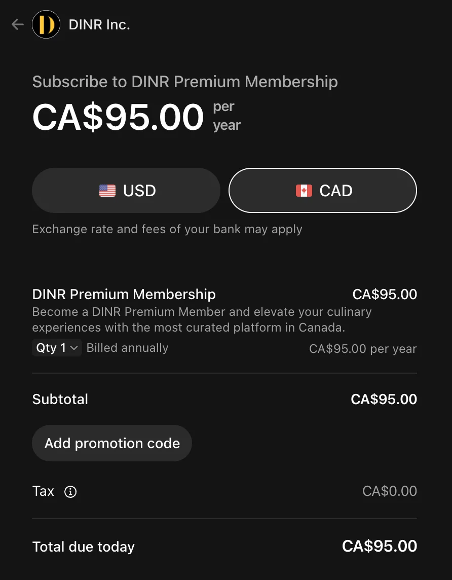 DINR Premium checkout showing CA$95.00 per year, billed annually