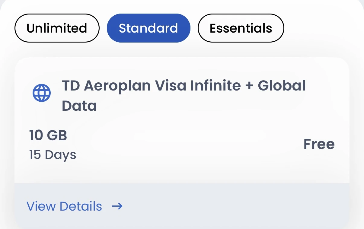 GigSky app showing the free TD Aeroplan Visa Infinite+ Global Data plan, 10 GB for 15 days