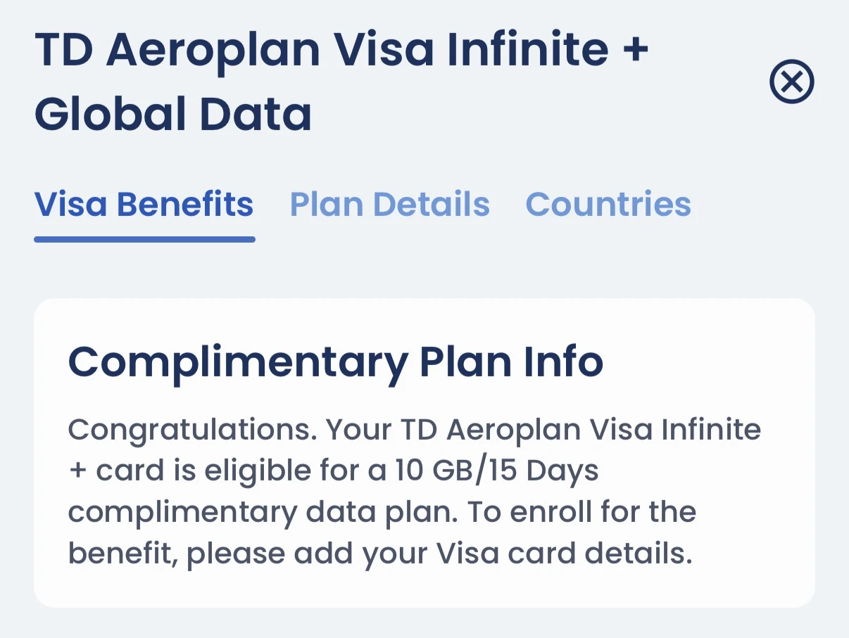 GigSky app confirming a TD Aeroplan Visa Infinite+ card is eligible for a 10 GB, 15-day complimentary data plan