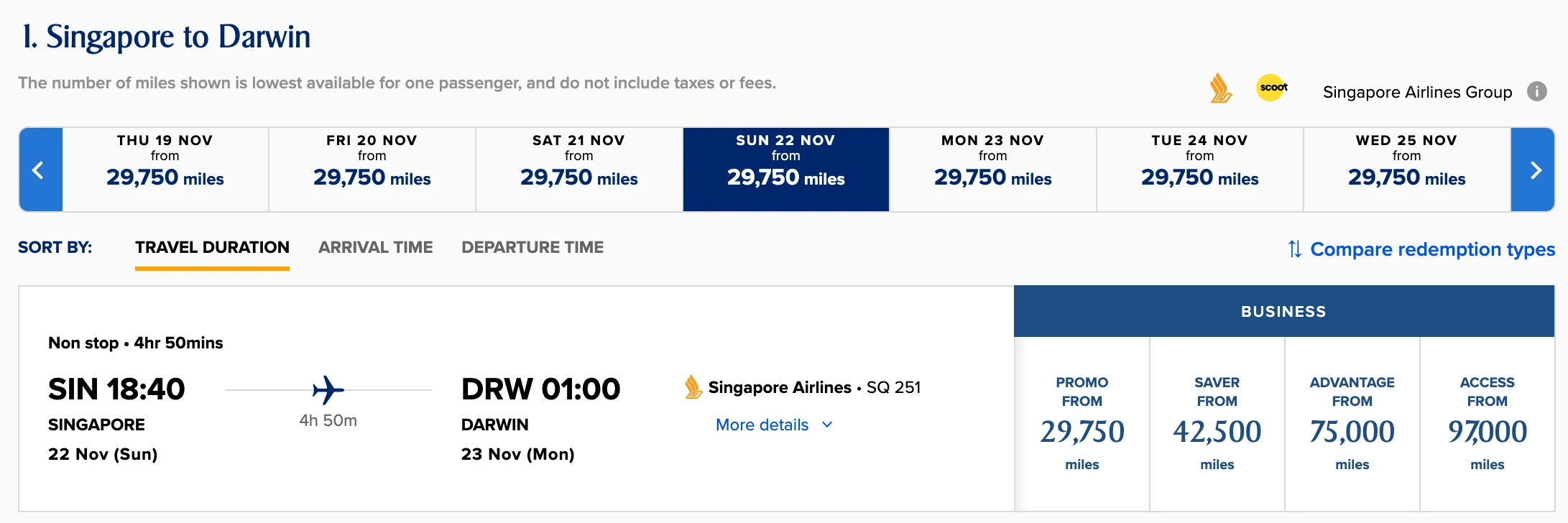 KrisFlyer Spontaneous Escapes business class fare from Singapore to Darwin on SQ251 at 29,750 miles Promo versus 42,500 miles Saver