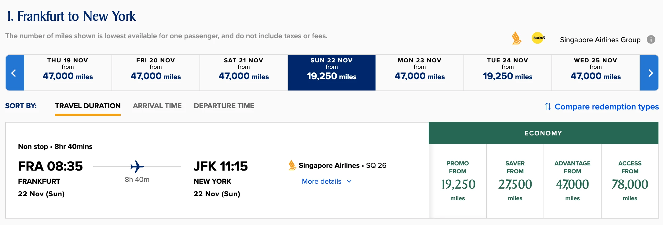 KrisFlyer Spontaneous Escapes economy fare from Frankfurt to New York on SQ26 at 19,250 miles Promo versus 27,500 miles Saver