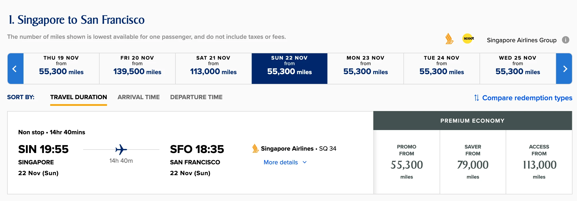 KrisFlyer Spontaneous Escapes premium economy fare from Singapore to San Francisco on SQ34 at 55,300 miles Promo versus 79,000 miles Saver