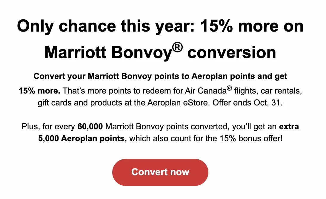 Aeroplan email announcing a 15% bonus on Marriott Bonvoy conversions until October 31, 2026